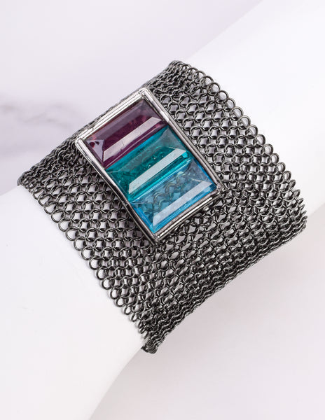 Ugo Correani Vintage Gunmetal Mesh Glass Jewel Bracelet