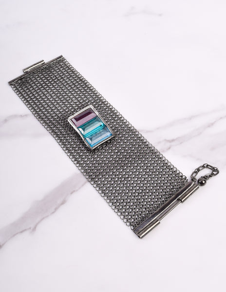 Ugo Correani Vintage Gunmetal Mesh Glass Jewel Bracelet