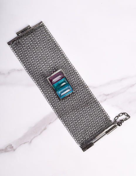 Ugo Correani Vintage Gunmetal Mesh Glass Jewel Bracelet