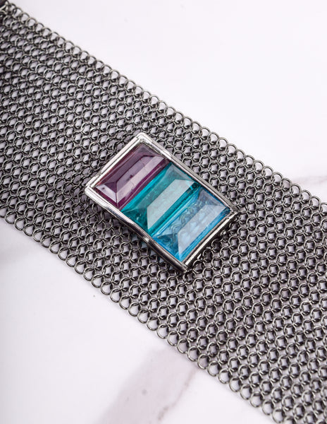Ugo Correani Vintage Gunmetal Mesh Glass Jewel Bracelet