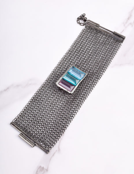 Ugo Correani Vintage Gunmetal Mesh Glass Jewel Bracelet