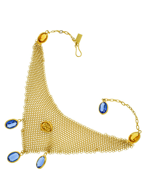 Ugo Correani Vintage 1980s Golden Mesh Bib Necklace with Blue and Yellow Crystals