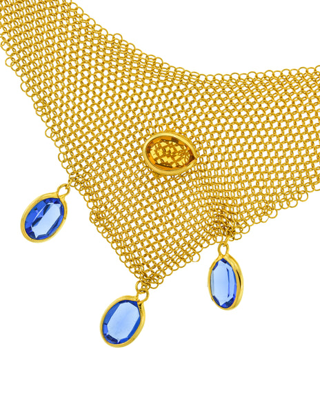 Ugo Correani Vintage 1980s Golden Mesh Bib Necklace with Blue and Yellow Crystals