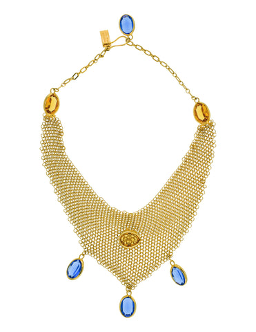 Ugo Correani Vintage 1980s Golden Mesh Bib Necklace with Blue and Yellow Crystals