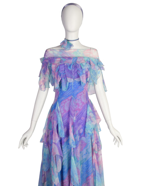 Ulla Darni of Denmark Vintage 1970s Pastel Watercolor Scalloped Layered Jersey Chiffon Dress