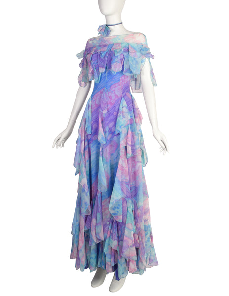 Ulla Darni of Denmark Vintage 1970s Pastel Watercolor Scalloped Layered Jersey Chiffon Dress