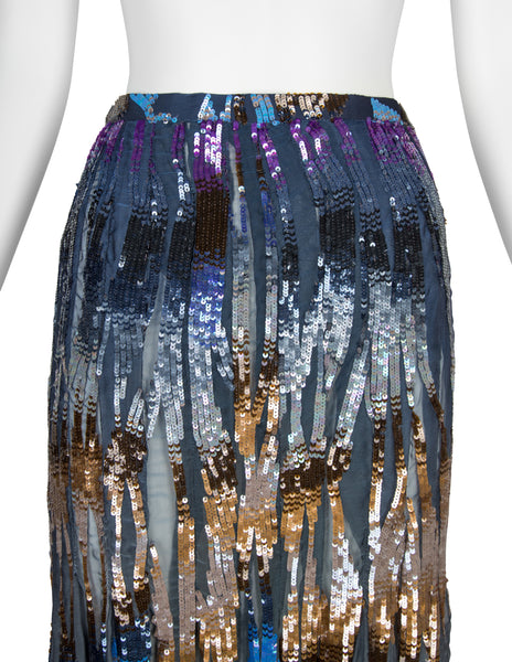 Valentino Vintage SS 1997 Multicolor Sequin Embellished Blue Silk Chiffon Skirt