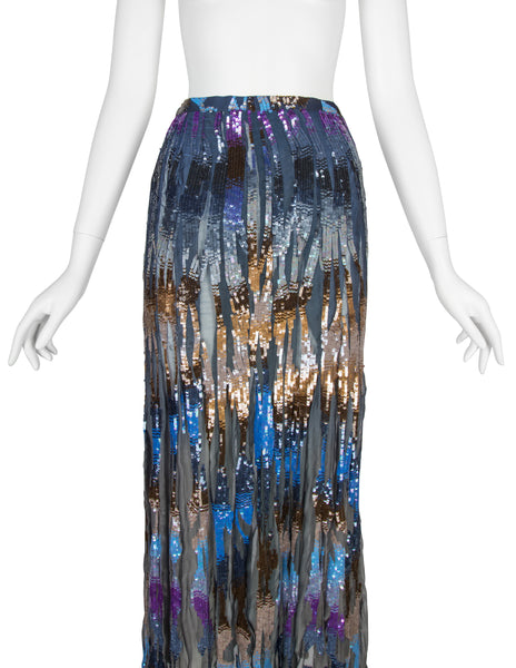 Valentino Vintage SS 1997 Multicolor Sequin Embellished Blue Silk Chiffon Skirt