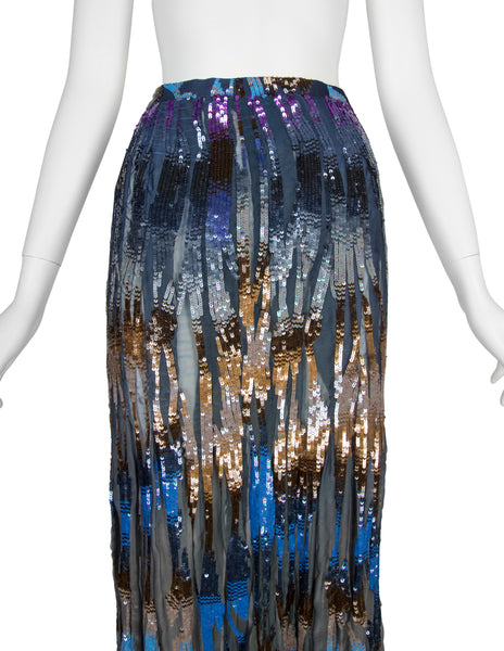 Valentino Vintage SS 1997 Multicolor Sequin Embellished Blue Silk Chiffon Skirt