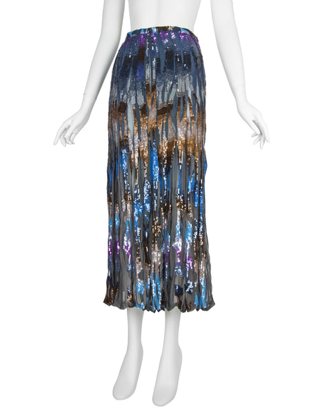 Valentino Vintage SS 1997 Multicolor Sequin Embellished Blue Silk Chiffon Skirt