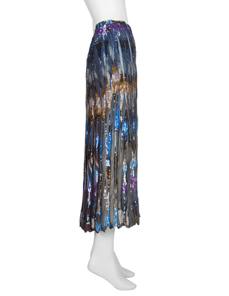 Valentino Vintage SS 1997 Multicolor Sequin Embellished Blue Silk Chiffon Skirt