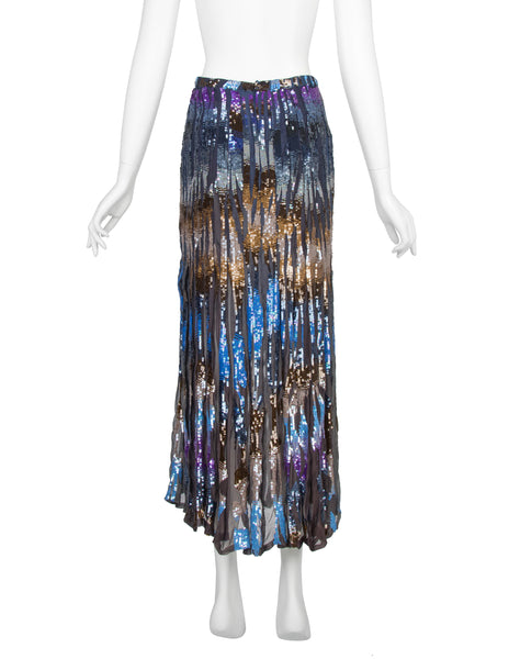 Valentino Vintage SS 1997 Multicolor Sequin Embellished Blue Silk Chiffon Skirt