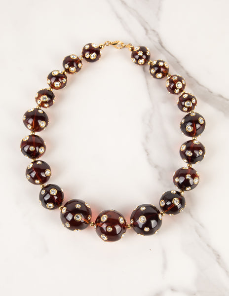 Valentino Vintage Rhinestone Encrusted Brown Lucite Bauble Necklace