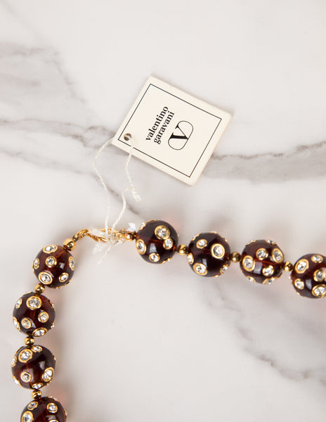 Valentino Vintage Rhinestone Encrusted Brown Lucite Bauble Necklace