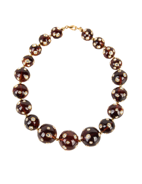 Valentino Vintage Rhinestone Encrusted Brown Lucite Bauble Necklace