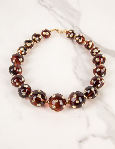 Valentino Vintage Rhinestone Encrusted Brown Lucite Bauble Necklace