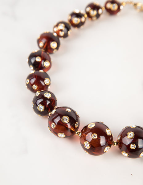 Valentino Vintage Rhinestone Encrusted Brown Lucite Bauble Necklace