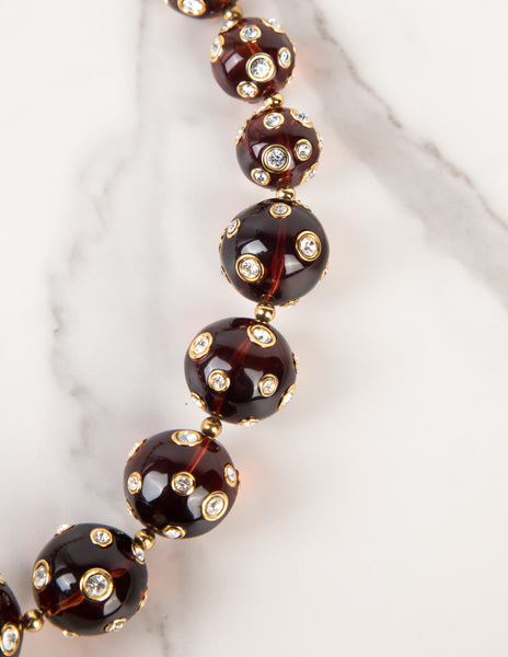 Valentino Vintage Rhinestone Encrusted Brown Lucite Bauble Necklace