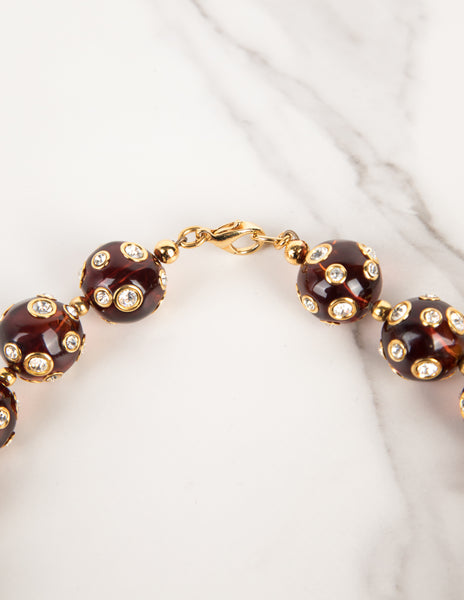 Valentino Vintage Rhinestone Encrusted Brown Lucite Bauble Necklace