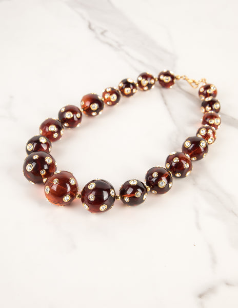Valentino Vintage Rhinestone Encrusted Brown Lucite Bauble Necklace