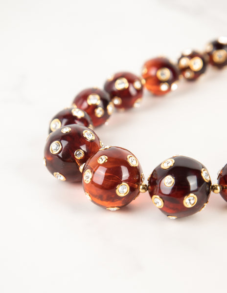 Valentino Vintage Rhinestone Encrusted Brown Lucite Bauble Necklace