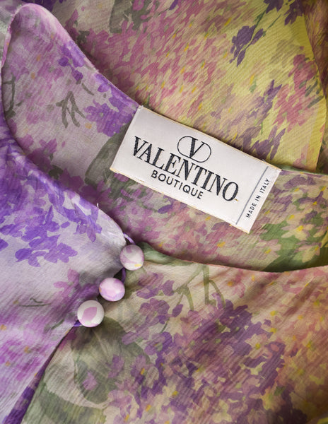 Valentino Vintage SS 1997 Purple Green Floral Bias Silk Chiffon Dress