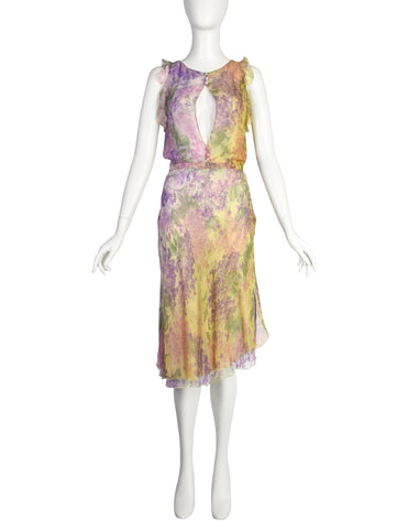 Valentino Vintage SS 1997 Purple Green Floral Bias Silk Chiffon Dress