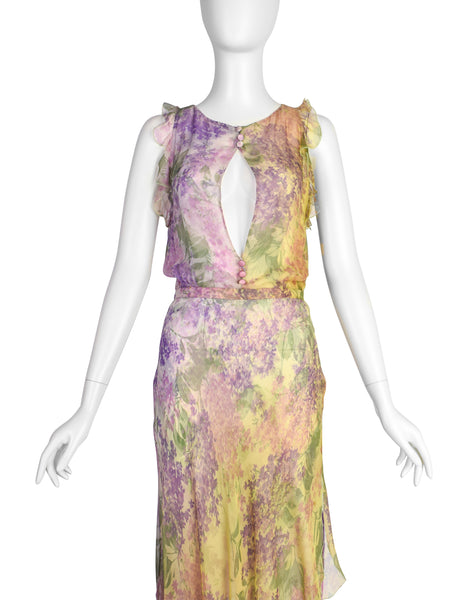 Valentino Vintage SS 1997 Purple Green Floral Bias Silk Chiffon Dress