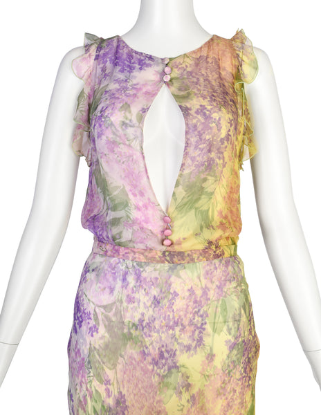 Valentino Vintage SS 1997 Purple Green Floral Bias Silk Chiffon Dress