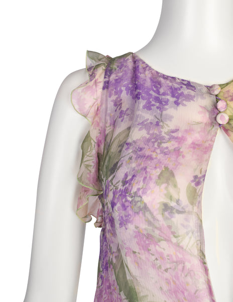 Valentino Vintage SS 1997 Purple Green Floral Bias Silk Chiffon Dress
