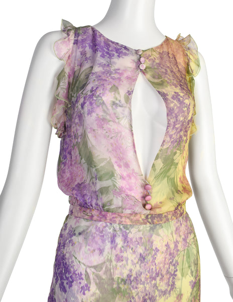 Valentino Vintage SS 1997 Purple Green Floral Bias Silk Chiffon Dress