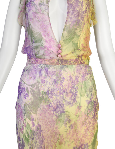 Valentino Vintage SS 1997 Purple Green Floral Bias Silk Chiffon Dress