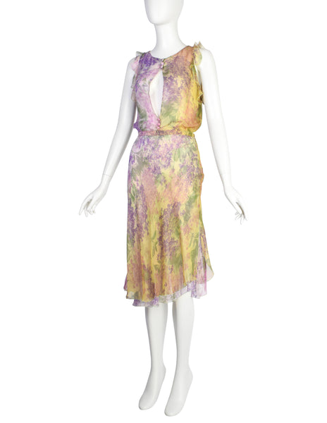 Valentino Vintage SS 1997 Purple Green Floral Bias Silk Chiffon Dress