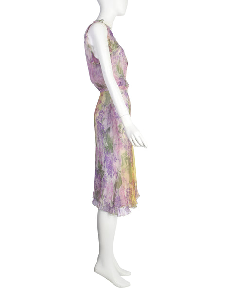 Valentino Vintage SS 1997 Purple Green Floral Bias Silk Chiffon Dress
