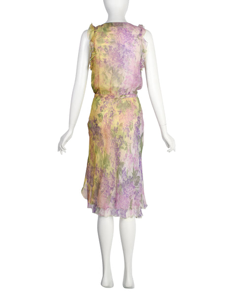 Valentino Vintage SS 1997 Purple Green Floral Bias Silk Chiffon Dress