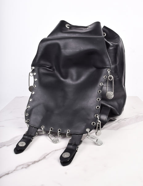 Gianni Versace Vintage SS 1994 Silver Safety Pin Embellished Black Leather Backpack