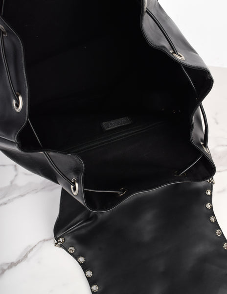 Gianni Versace Vintage SS 1994 Silver Safety Pin Embellished Black Leather Backpack