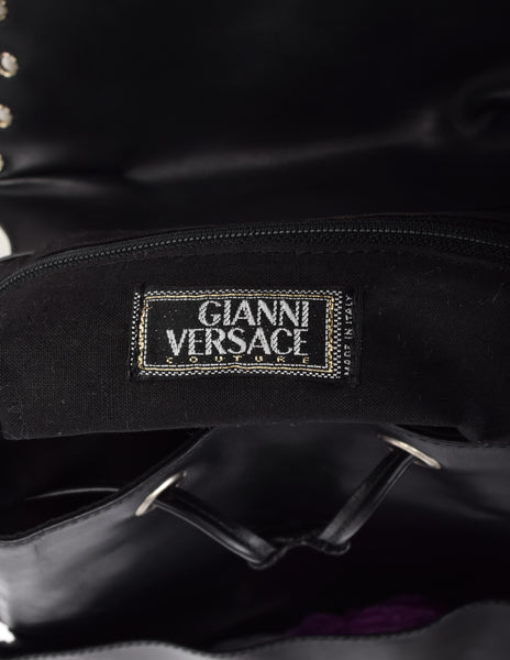 Gianni Versace Vintage SS 1994 Silver Safety Pin Embellished Black Leather Backpack