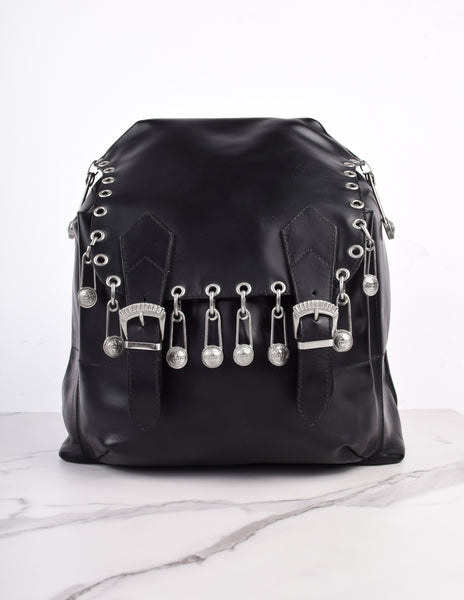 Gianni Versace Vintage SS 1994 Silver Safety Pin Embellished Black Leather Backpack