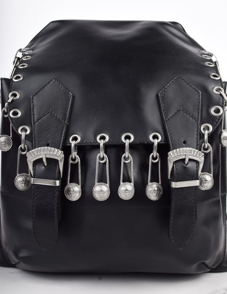 Gianni Versace Vintage SS 1994 Silver Safety Pin Embellished Black Leather Backpack