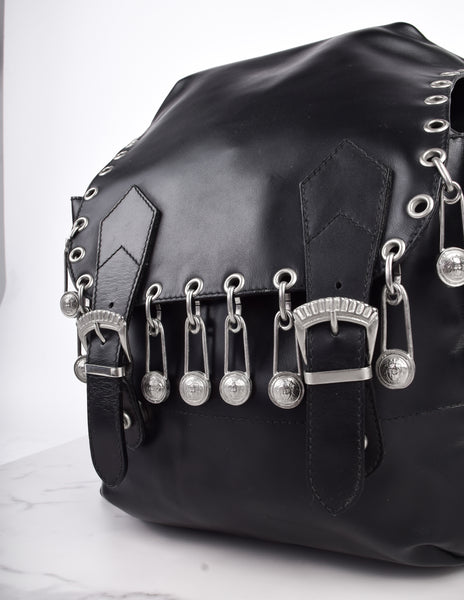 Gianni Versace Vintage SS 1994 Silver Safety Pin Embellished Black Leather Backpack