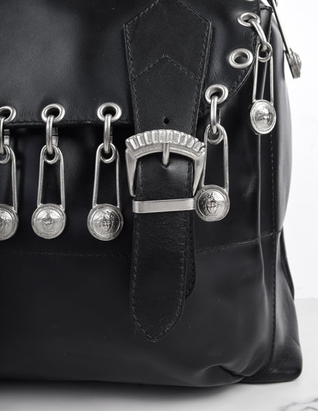 Gianni Versace Vintage SS 1994 Silver Safety Pin Embellished Black Leather Backpack