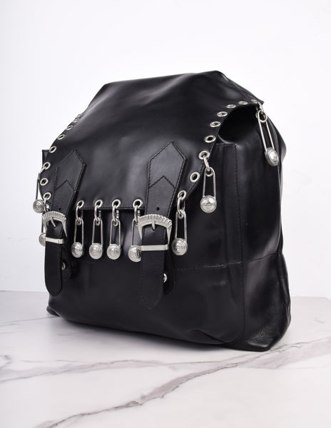 Gianni Versace Vintage SS 1994 Silver Safety Pin Embellished Black Leather Backpack