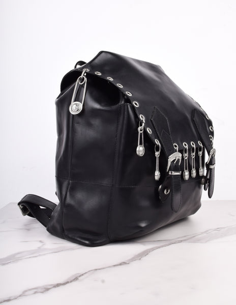 Gianni Versace Vintage SS 1994 Silver Safety Pin Embellished Black Leather Backpack