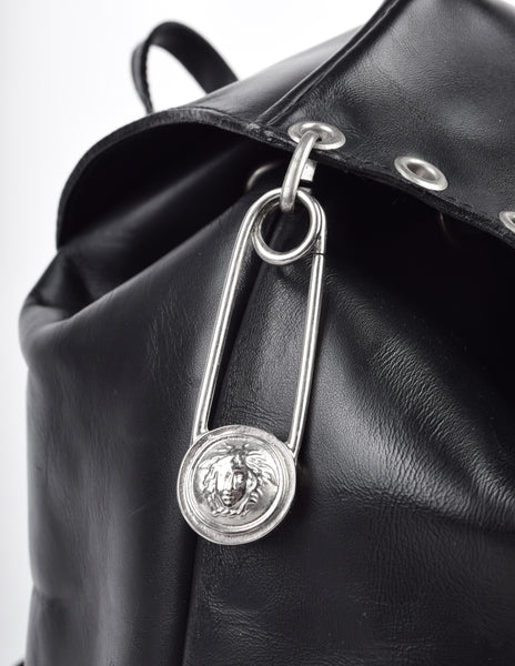Gianni Versace Vintage SS 1994 Silver Safety Pin Embellished Black Leather Backpack