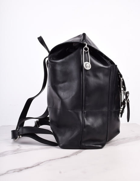 Gianni Versace Vintage SS 1994 Silver Safety Pin Embellished Black Leather Backpack