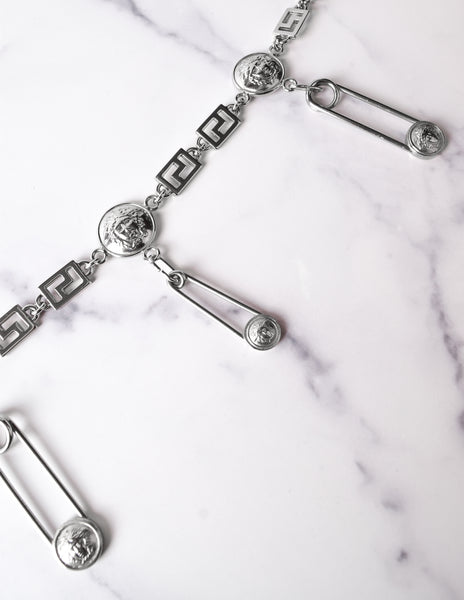 Versace Vintage 1990s Iconic Silver Medusa Safety Pin Chain Belt