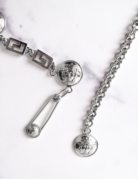 Versace Vintage 1990s Iconic Silver Medusa Safety Pin Chain Belt