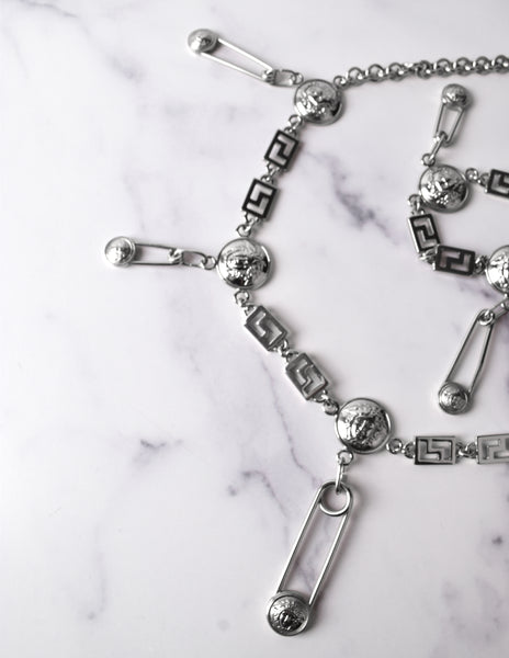 Versace Vintage 1990s Iconic Silver Medusa Safety Pin Chain Belt