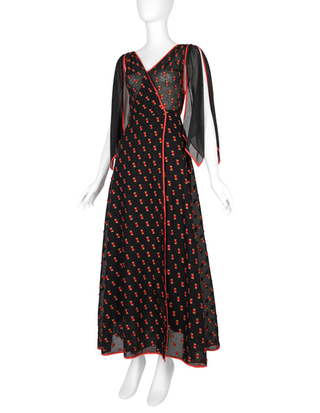 1970s Vintage Black Semi-Sheer Embroidered Red Cherries Gown